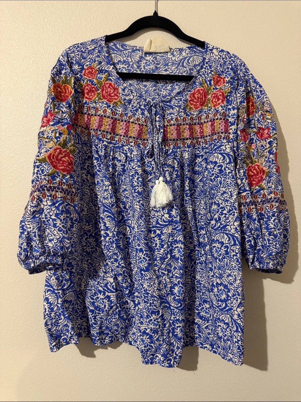 Savanna Jane Blue Floral Embroidered Peasant Top with Tassel